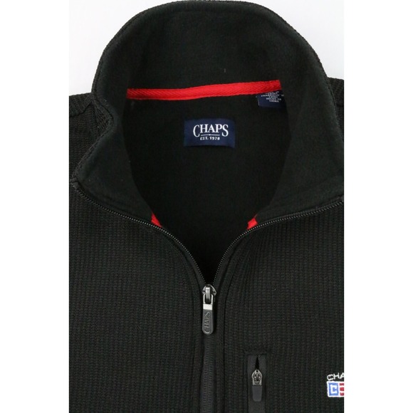 Chaps Mens Black Textured Knit Softshell Full Zip Jacket Size M Embroidered Flag - Picture 2 of 16